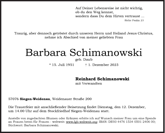 Traueranzeige von Barbara Schimanowski von Siegener Zeitung