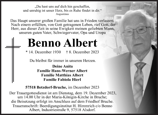 Traueranzeige von Benno Albert von Siegener Zeitung