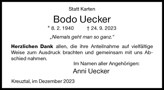 Traueranzeige von Bodo Uecker von Siegener Zeitung