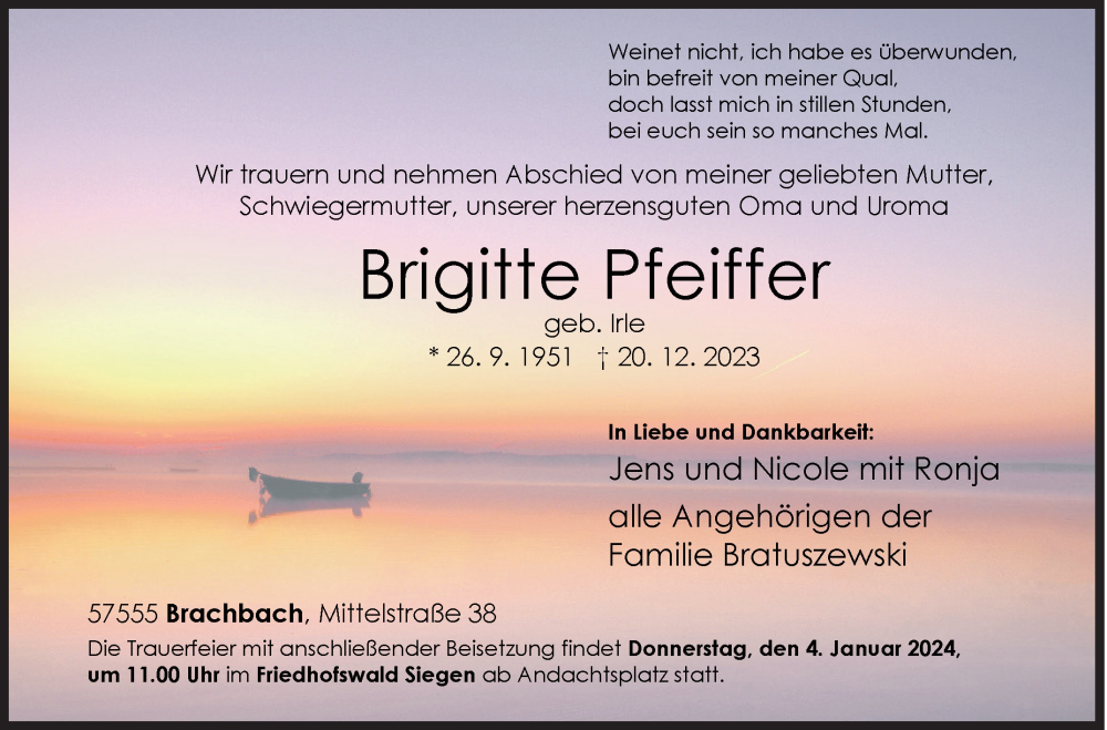  Traueranzeige für Brigitte Pfeiffer vom 28.12.2023 aus Siegener Zeitung