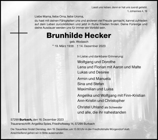 Traueranzeige von Brunhilde Hecker von Siegener Zeitung