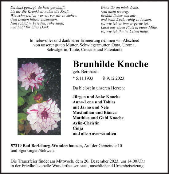 Traueranzeige von Brunhilde Knoche von Siegener Zeitung