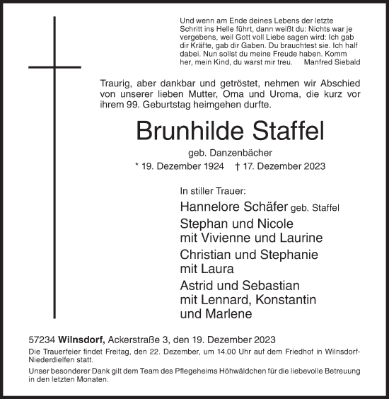 Traueranzeige von Brunhilde Staffel von Siegener Zeitung