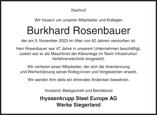 Traueranzeige von Burkhard Rosenbauer von Siegener Zeitung