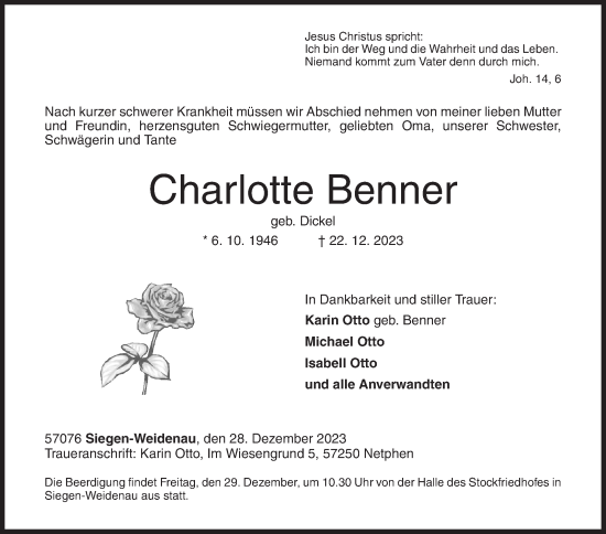 Traueranzeige von Charlotte Benner von Siegener Zeitung