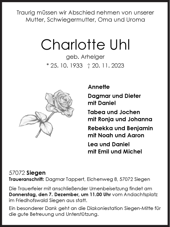 Traueranzeige von Charlotte Uhl von Siegener Zeitung