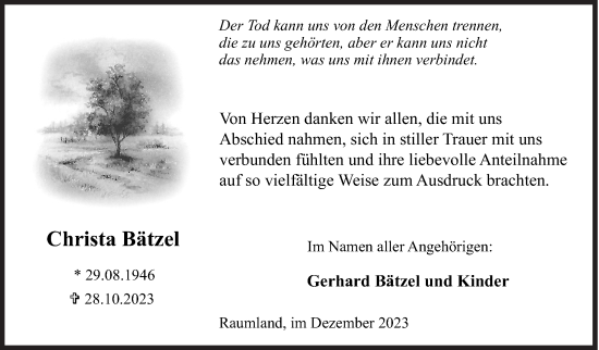 Traueranzeige von Christa Bätzel von Siegener Zeitung
