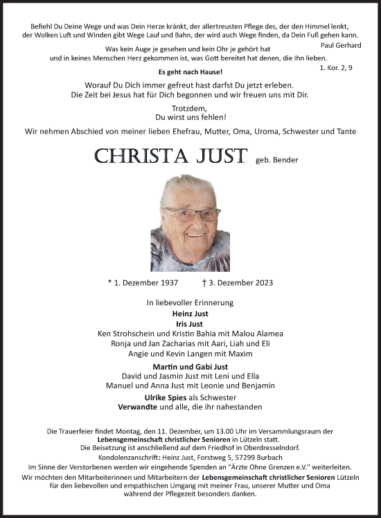 Traueranzeige von Christa Just von Siegener Zeitung