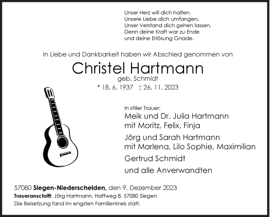 Traueranzeige von Christel Hartmann von Siegener Zeitung