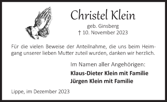 Traueranzeige von Christel Klein von Siegener Zeitung
