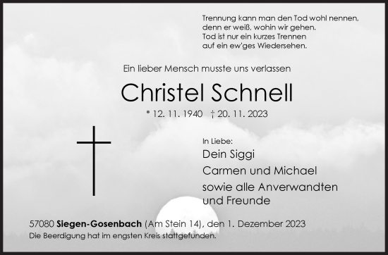 Traueranzeige von Christel Schnell von Siegener Zeitung
