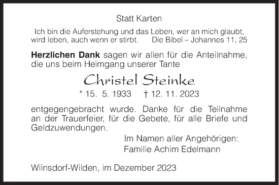 Traueranzeige von Christel Steinke von Siegener Zeitung