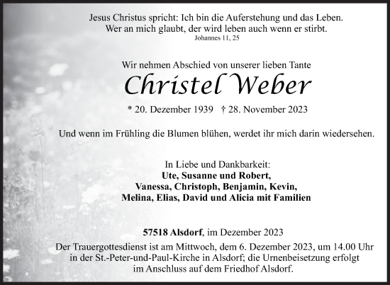 Traueranzeige von Christel Weber von Siegener Zeitung
