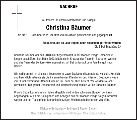 Traueranzeige von Christina Bäumer von Siegener Zeitung