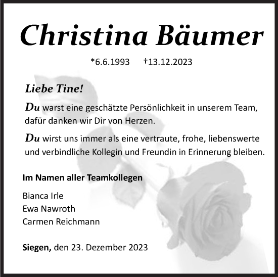 Traueranzeige von Christina Bäumer von Siegener Zeitung