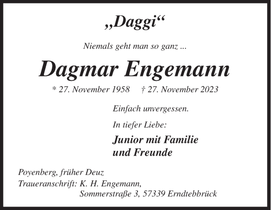 Traueranzeige von Dagmar Engemann von Siegener Zeitung