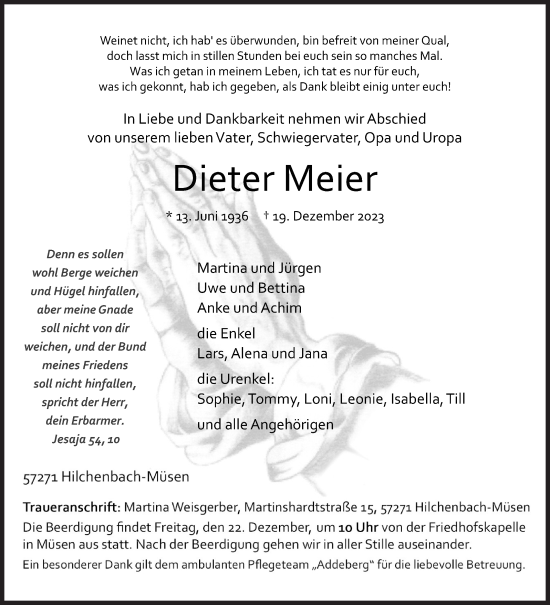 Traueranzeige von Dieter Meier von Siegener Zeitung
