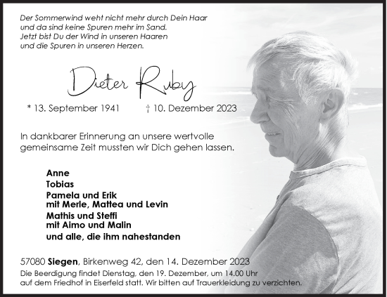 Traueranzeige von Dieter Ruby von Siegener Zeitung