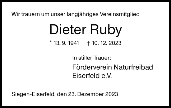 Traueranzeige von Dieter Ruby von Siegener Zeitung