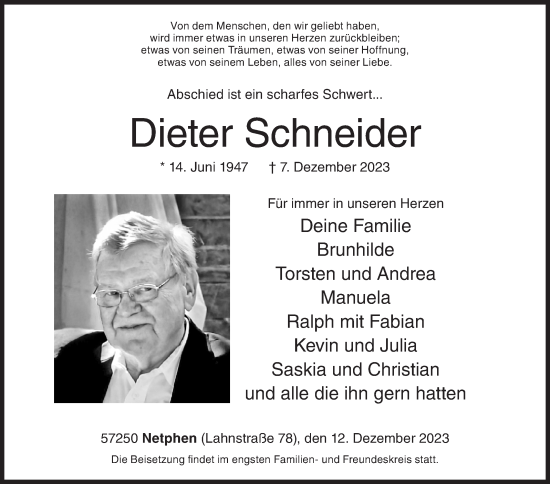 Traueranzeige von Dieter Schneider von Siegener Zeitung