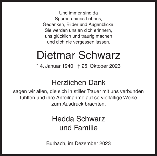 Traueranzeige von Dietmar Schwarz von Siegener Zeitung