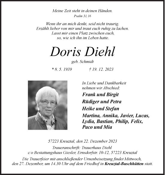 Traueranzeige von Doris Diehl von Siegener Zeitung