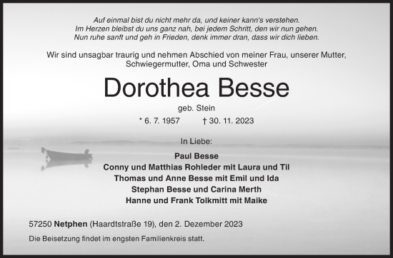 Traueranzeige von Dorothea Besse von Siegener Zeitung