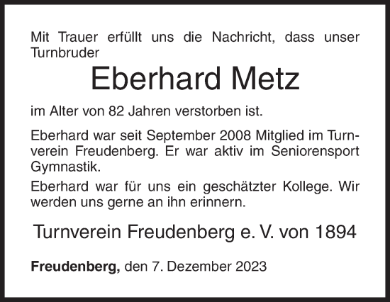 Traueranzeige von Eberhard Metz von Siegener Zeitung
