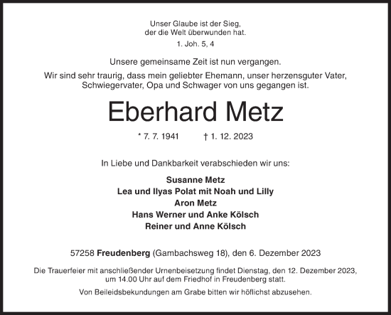 Traueranzeige von Eberhard Metz von Siegener Zeitung