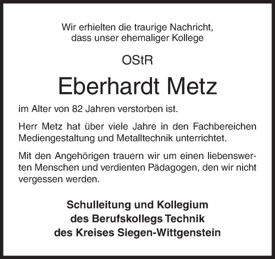 Traueranzeige von Eberhardt Metz von Siegener Zeitung