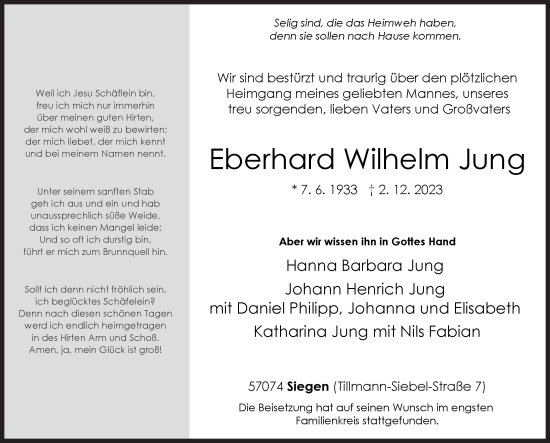 Traueranzeige von Eberhard Wilhelm Jung von Siegener Zeitung