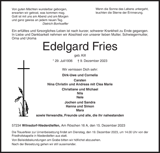 Traueranzeige von Edelgard Fries von Siegener Zeitung