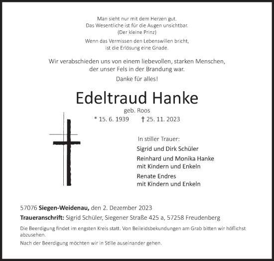 Traueranzeige von Edeltraud Hanke von Siegener Zeitung