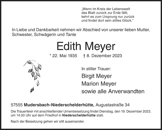 Traueranzeige von Edith Meyer von Siegener Zeitung