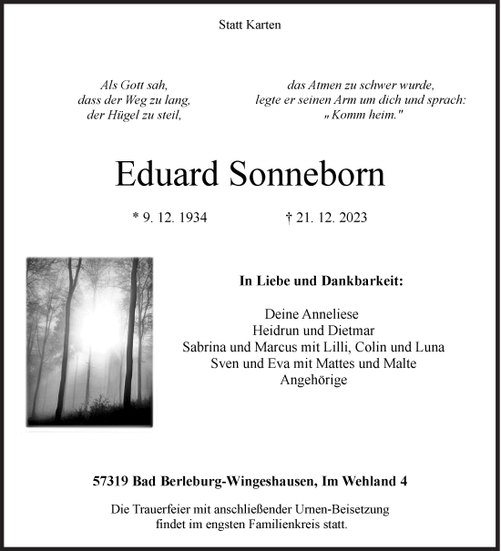 Traueranzeige von Eduard Sonneborn von Siegener Zeitung