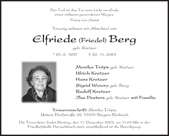 Traueranzeige von Elfriede Berg von Siegener Zeitung
