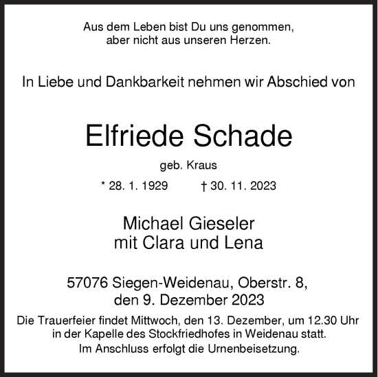 Traueranzeige von Elfriede Schade von Siegener Zeitung