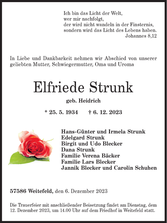 Traueranzeige von Elfriede Strunk von Siegener Zeitung