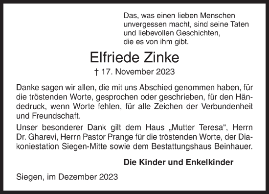 Traueranzeige von Elfriede Zinke von Siegener Zeitung