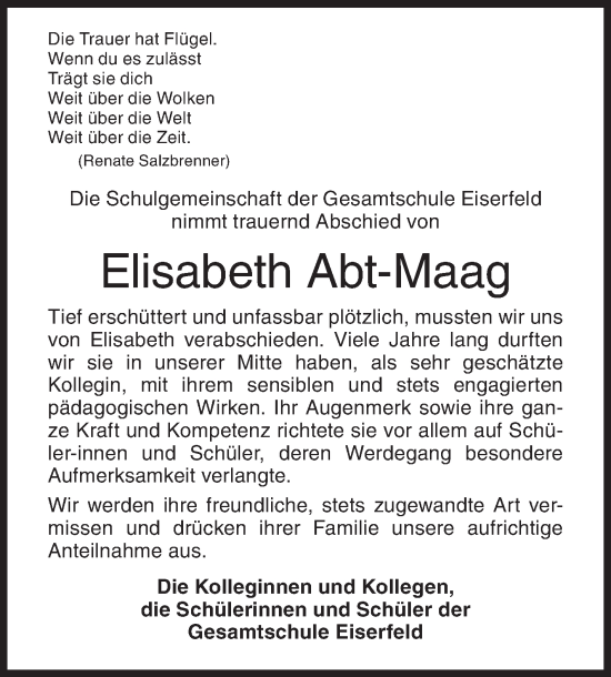 Traueranzeige von Elisabeth Abt-Maag von Siegener Zeitung