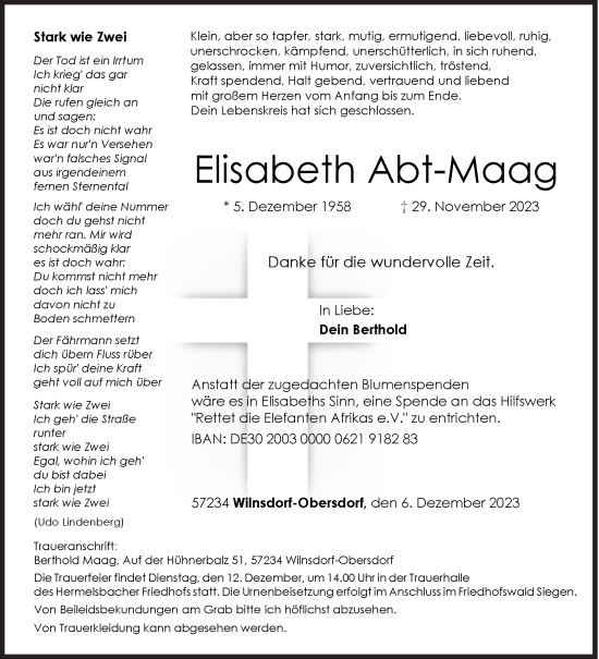 Traueranzeige von Elisabeth Abt-Maag von Siegener Zeitung