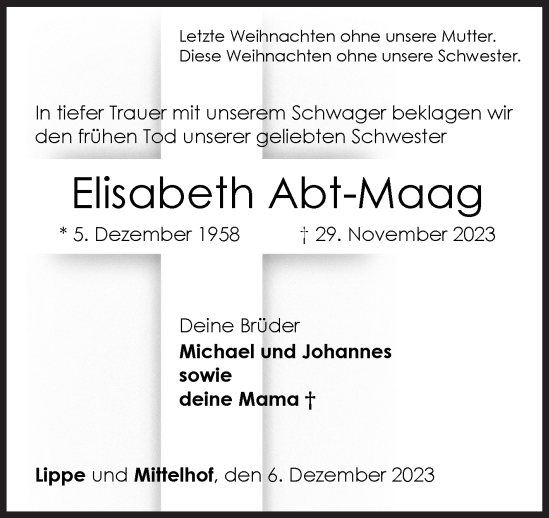Traueranzeige von Elisabeth Abt-Maag von Siegener Zeitung