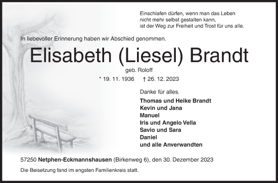 Traueranzeige von Elisabeth Brandt von Siegener Zeitung