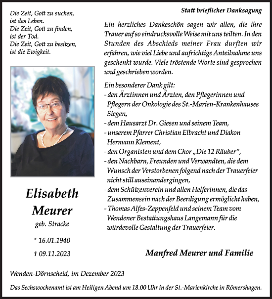 Traueranzeige von Elisabeth Meurer von Siegener Zeitung