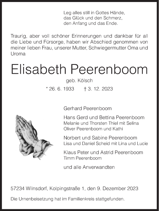 Traueranzeige von Elisabeth Peerenboom von Siegener Zeitung