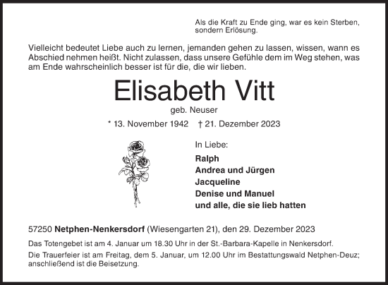 Traueranzeige von Elisabeth Vitt von Siegener Zeitung