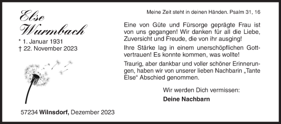 Traueranzeige von Else Wurmbach von Siegener Zeitung