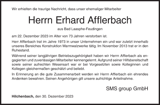 Traueranzeige von Erhard Afflerbach von Siegener Zeitung