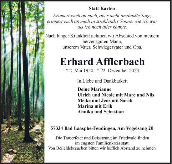Traueranzeige von Erhard Aftlerbach von Siegener Zeitung