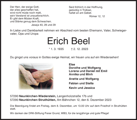 Traueranzeige von Erich Beel von Siegener Zeitung